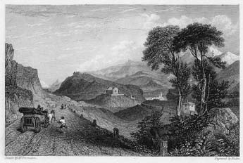 Discesa verso Susa dal Moncenisio. Incisione di Finden su disegno di W.Brockedon (sec. XIX).