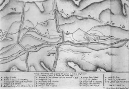 Posizione del Campo e delle batterie francesi contro il forte di Exilles nell’anno 1974. Disegno a penna e acquerello (sec. XVIII)
