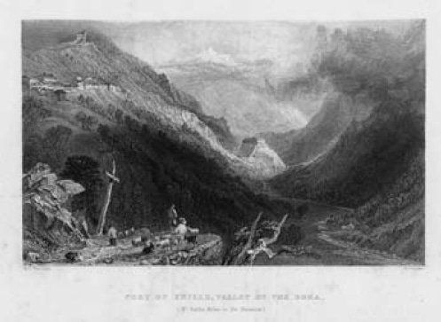 Veduta di Exilles. Incisione di C. Cousen su disegno di W. H. Bartlett (sec. XIX).